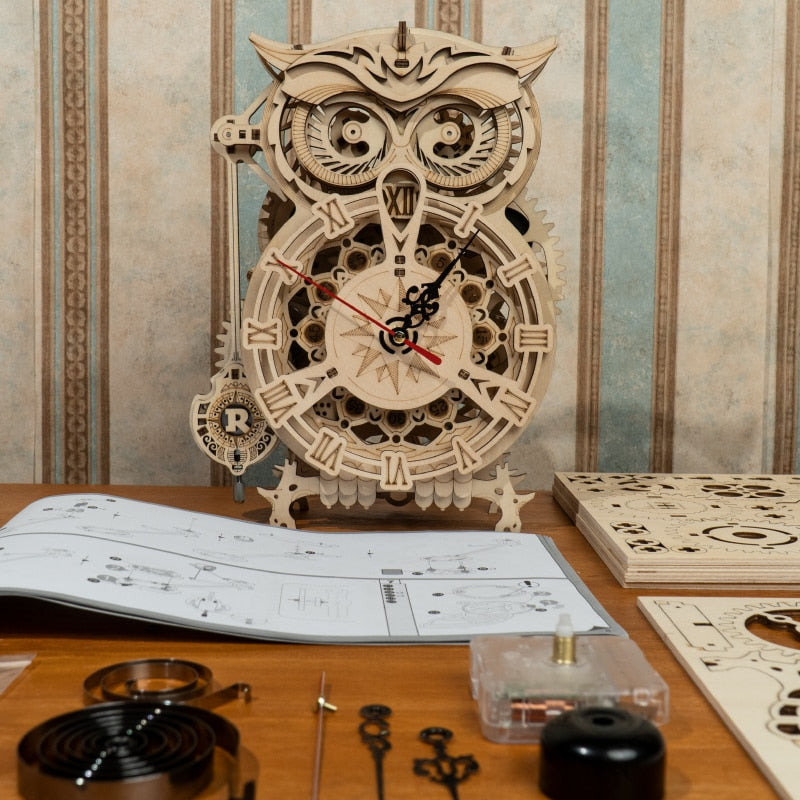 Robotime Rokr 161pcs Creative DIY 3D Owl Clock Wooden Model Building Block Kits Assembly Toy Gift for Children Adult LK503